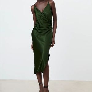Zara green satin midi dress